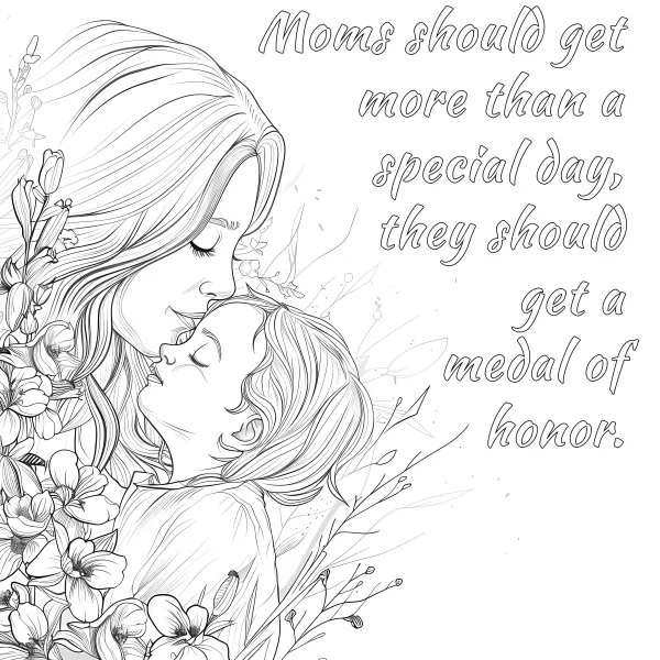 Mother and child embracing surrounded by flowers, realistic illustration style — free printable mother's day coloring book page