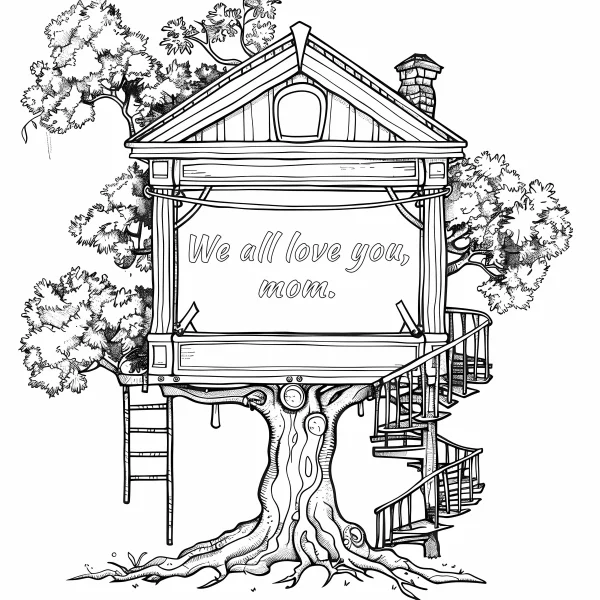 Treehouse on a large gnarled tree, hand-drawn sketch line art — free printable childlike coloring book page