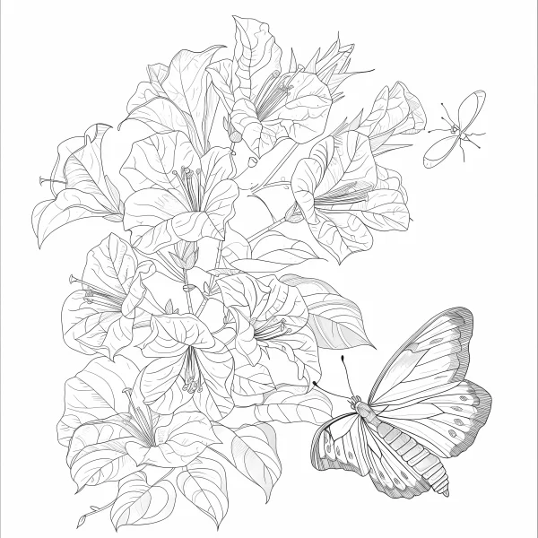 Bougainvillea flowers with two butterflies, realistic line art style — free printable insects coloring book page