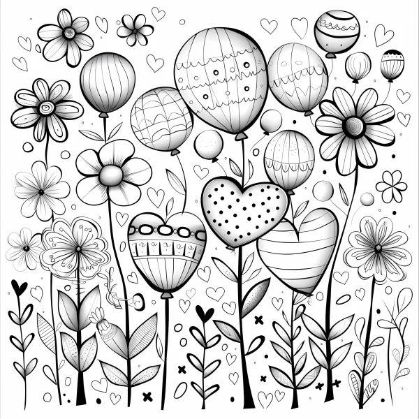 Combination of flowers and heart-shaped balloons, cartoon style — free printable romance coloring book page