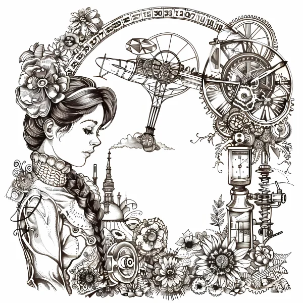 Steampunk girl, steampunk style — free printable steampunk coloring book page