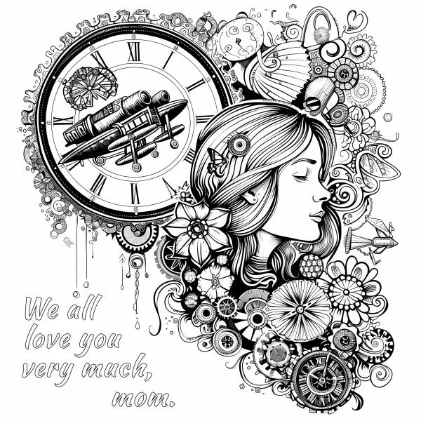 Steampunk style girl with closed eyes, surrounded by vintage clock — free printable steampunk coloring book page