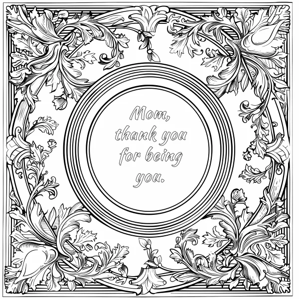 European baroque decorative frame with vines and leaves, central circular text box with 'mom — free printable mother's day coloring book page