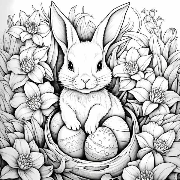 Easter bunny sitting in a woven basket with decorated easter eggs, surrounded by lush flowers and grass — free printable easter coloring book page