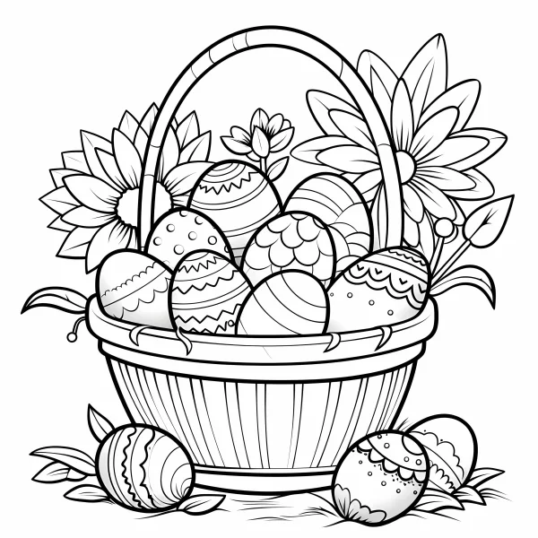 Easter egg basket filled with decorated patterned eggs, cartoon style — free printable easter coloring book page
