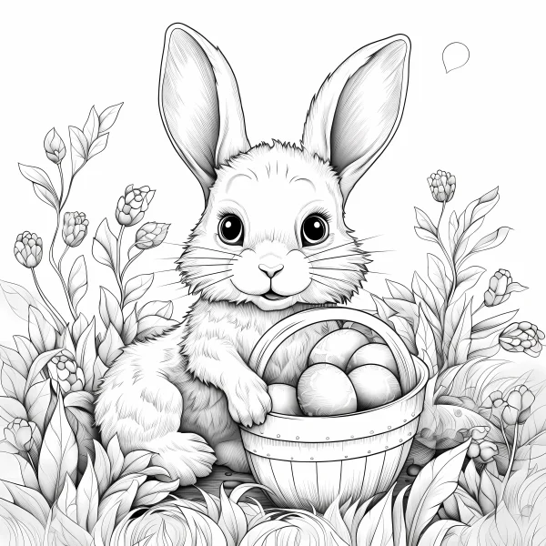 Cute rabbit holding a basket of easter eggs, surrounded by flowers and leaves — free printable easter coloring book page