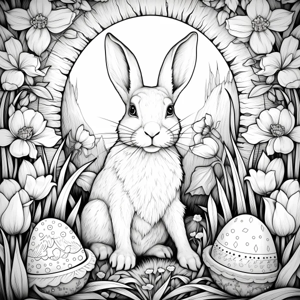 Easter bunny sitting in a floral circle with decorated eggs, cartoon illustration style — free printable easter coloring book page