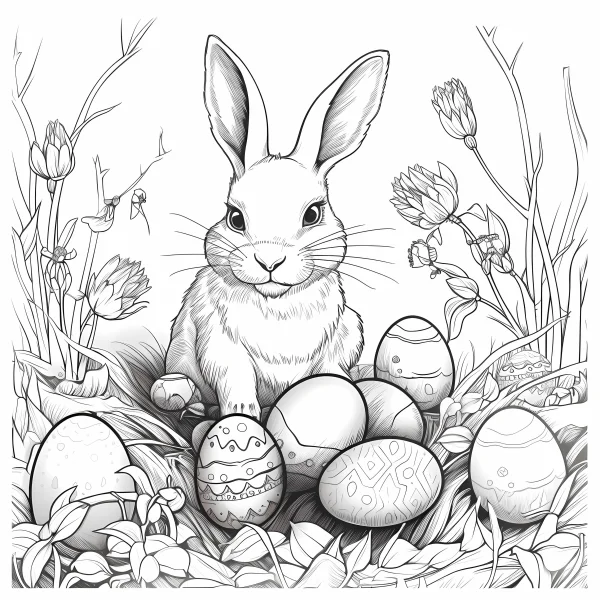 Easter bunny with decorated eggs, realistic line art — free printable easter coloring book page