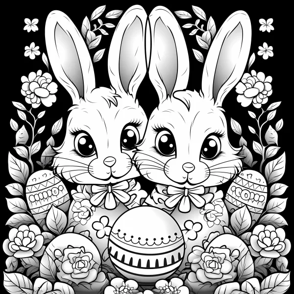 Two cute cartoon easter rabbits with decorated eggs, cartoon style — free printable easter coloring book page