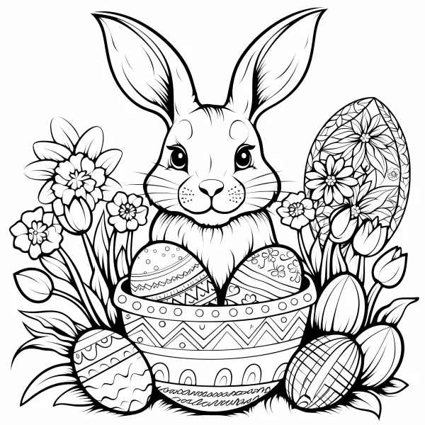 Easter bunny in a patterned basket with decorated eggs, surrounded by daffodils and tulips — free printable easter coloring book page