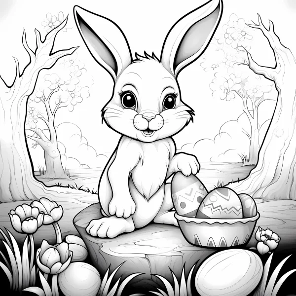 Cute easter bunny with decorated eggs in a basket, cartoon style — free printable easter coloring book page