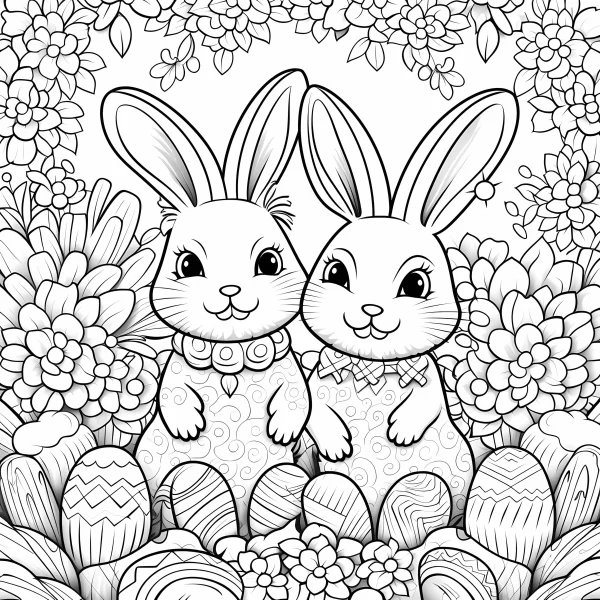 Two cute easter bunnies, cartoon style — free printable easter coloring book page