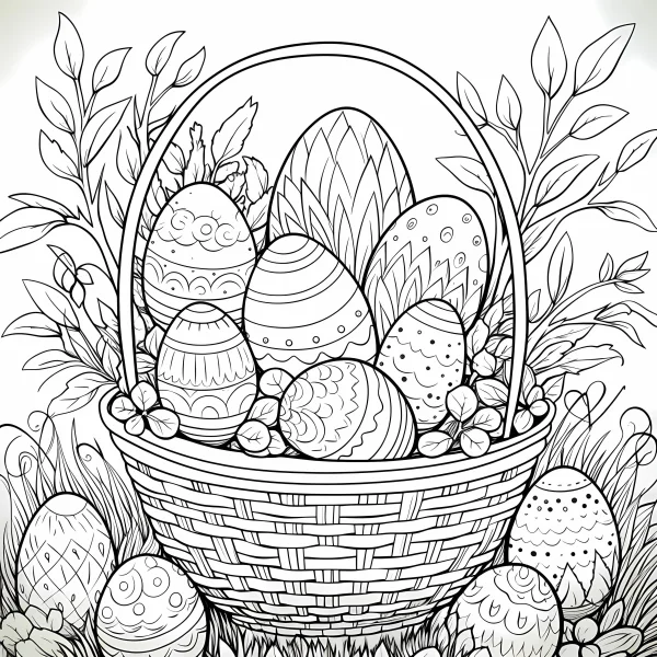 Easter egg basket filled with decorated eggs, cartoon style — free printable easter coloring book page