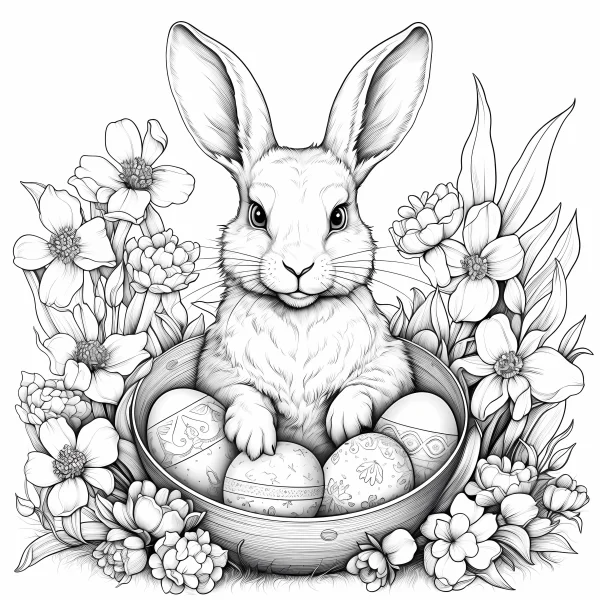 Cute rabbit holding easter eggs in a wooden bowl, surrounded by various flowers and leaves — free printable easter coloring book page