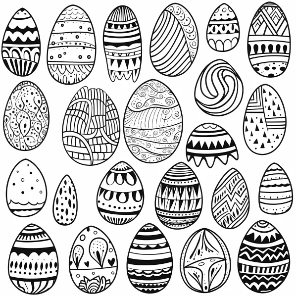 Various decorated easter eggs with intricate geometric, symmetrical and repetitive patterns — free printable easter coloring book page