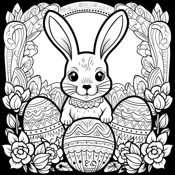 Coloring book page, cute easter rabbit with intricately decorated eggs — free printable easter coloring book page