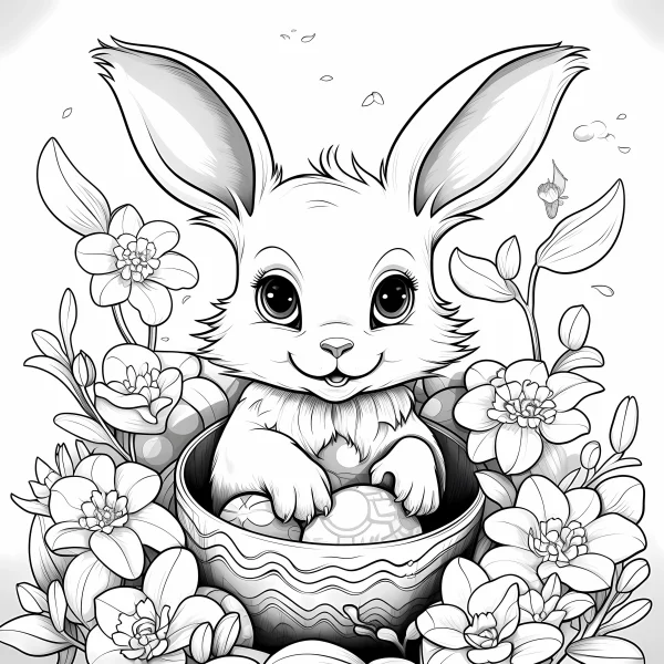 Cute easter bunny sitting in an egg-patterned bowl, surrounded by various flowers and small plants — free printable easter coloring book page