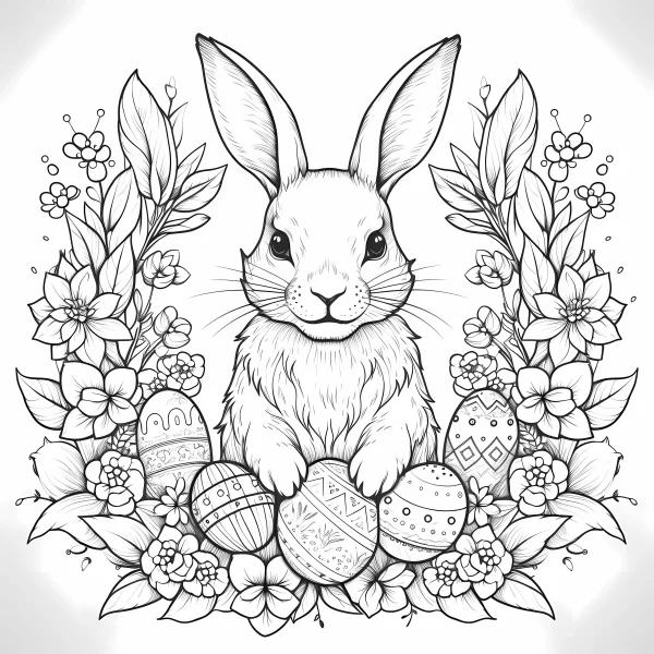 Easter rabbit surrounded by decorated eggs and various flowers, cartoon illustration style — free printable easter coloring book page