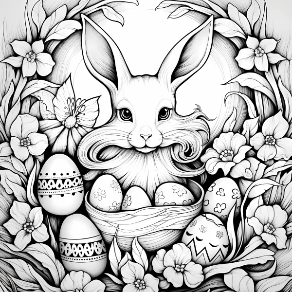 Easter rabbit with a basket of decorated eggs, surrounded by blooming flowers and leaves — free printable easter coloring book page