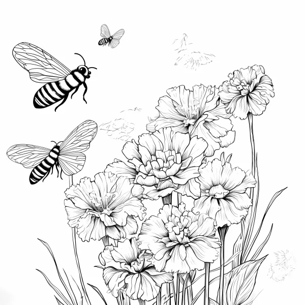 Carnation flowers with bees and moths, sketch line art style — free printable insects coloring book page