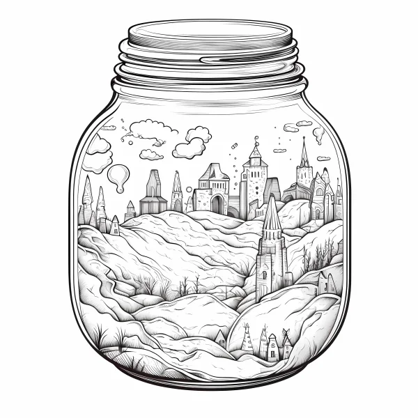 Fairy tale castle in a glass jar, fantasy style — free printable miniature scenes coloring book page