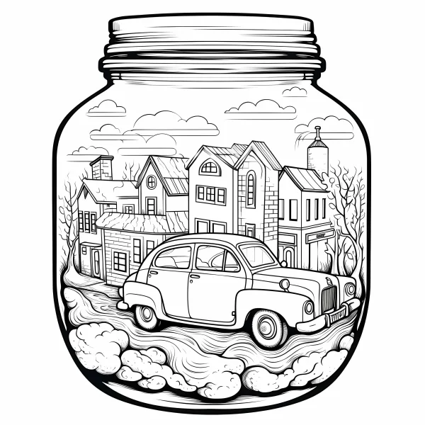 Small town and vintage car inside a glass jar, cartoon style — free printable small town life coloring book page