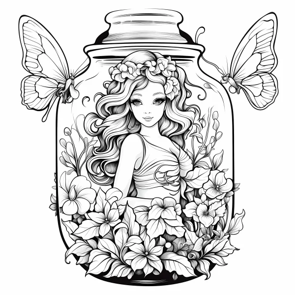 Flower fairy in a glass jar, fairy tale cartoon style — free printable insects coloring book page