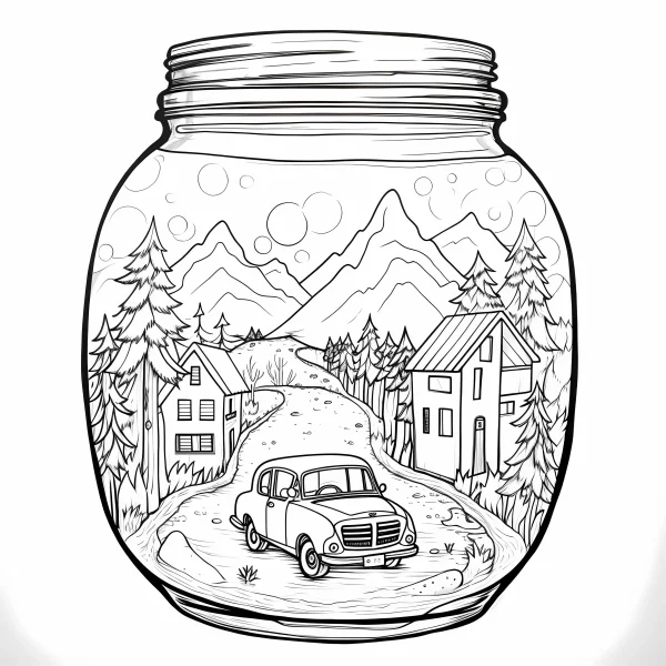 Tiny town with vintage car inside a glass jar, fantasy cartoon style — free printable small town life coloring book page