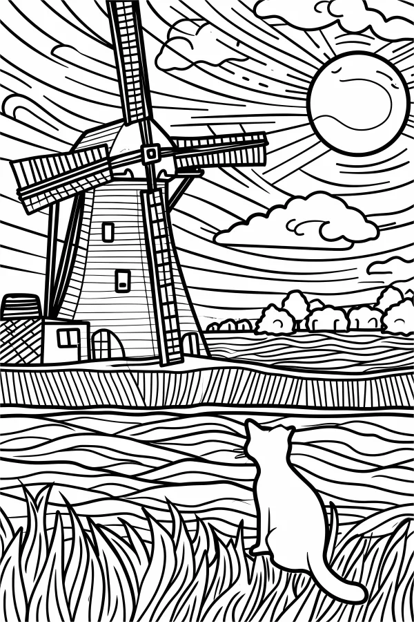 Pastoral windmill and cat looking at it, cartoon style — free printable pastoral coloring book page