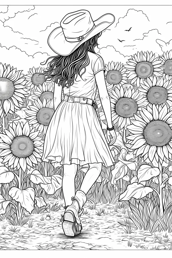 Back view of girl with cowboy hat walking through sunflower field, illustration style — free printable summer coloring book page