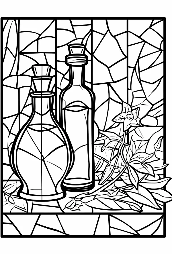 Still life with two glass bottles and plants, stained glass decorative art style — free printable cultural theme coloring book page