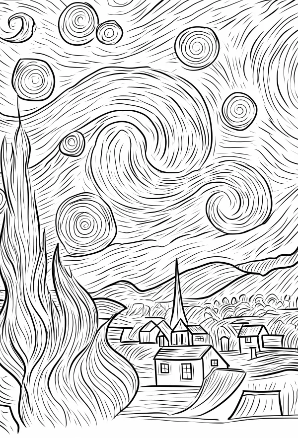 Van gogh's starry night line art, post-impressionist sketch style — free printable art creation coloring book page