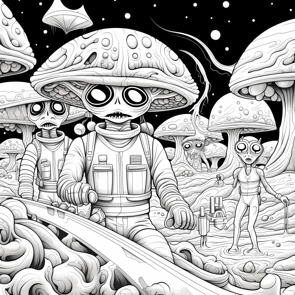 Mushroom-headed alien astronauts and other aliens on a mushroom planet, sci-fi fantasy style — free printable aliens coloring book page