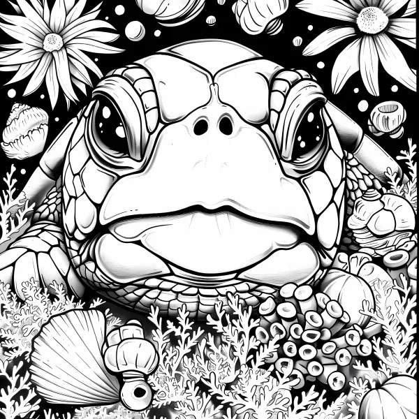 Cute cartoon sea turtle, underwater scene with corals — free printable animal theme coloring book page