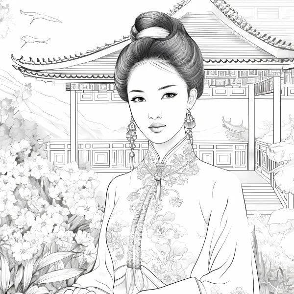 Chinese traditional clothing woman with elaborate hairstyle and tassel earrings, chinese style — free printable ancient architecture coloring book page