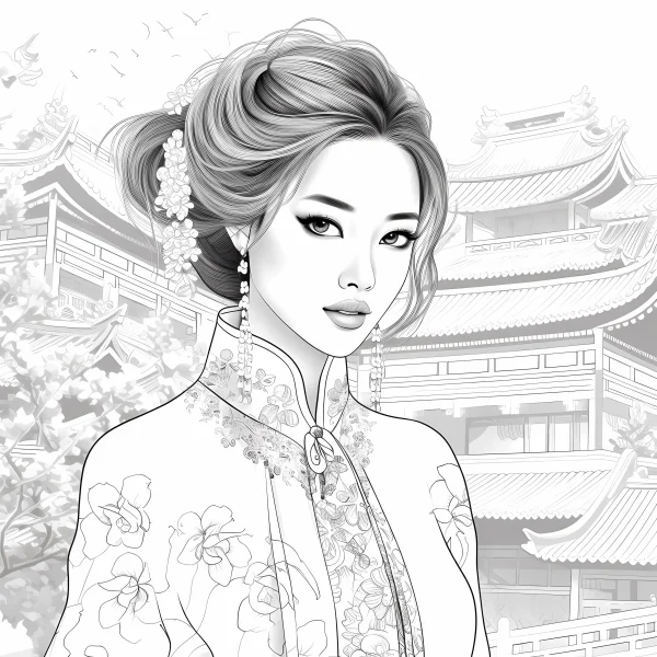 Classical chinese woman in traditional cheongsam with floral patterns, chinese style — free printable ancient architecture coloring book page