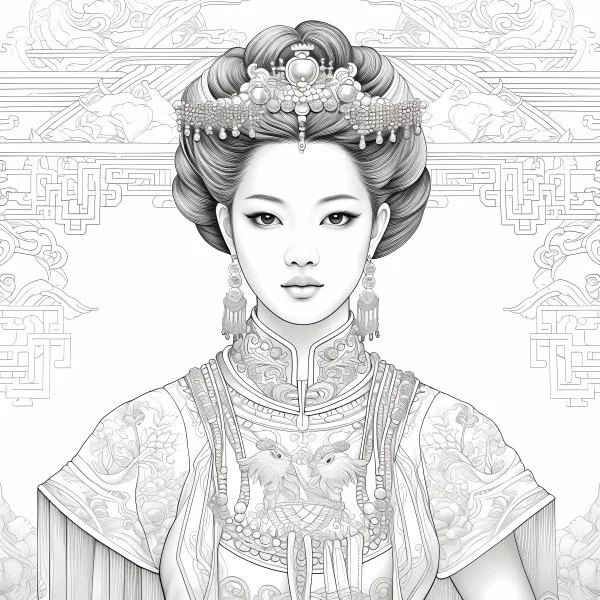 Elegant chinese court lady in elaborate imperial costume, chinese traditional style — free printable court coloring book page