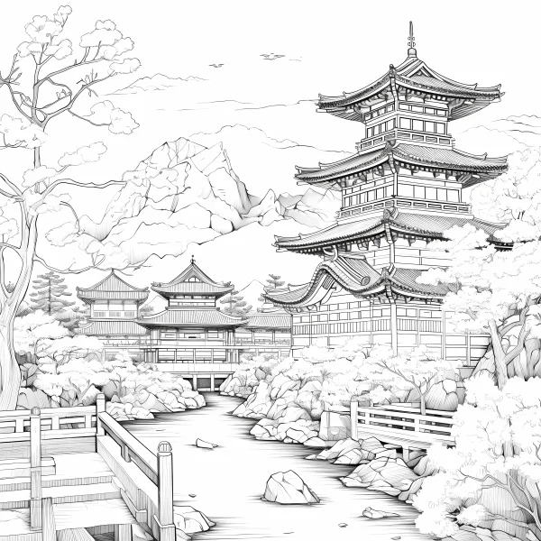 Japanese pagoda landscape by the riverside, japanese style — free printable ancient architecture coloring book page