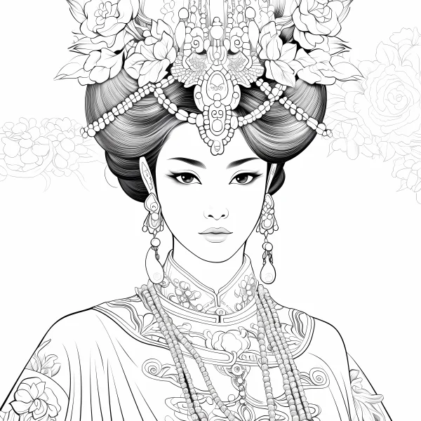 Chinese court lady with ornate headdress, chinese classical style — free printable court coloring book page