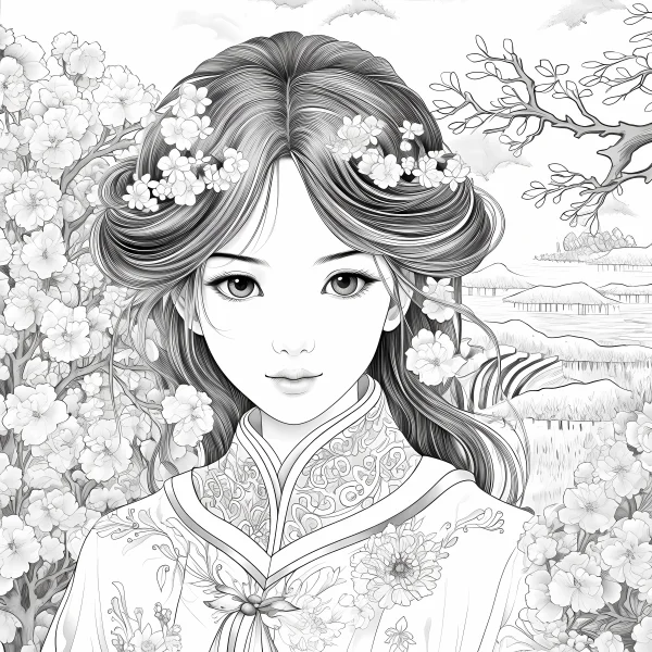 Coloring book page, ancient chinese hanfu girl with cherry blossoms in hair — free printable spring coloring book page