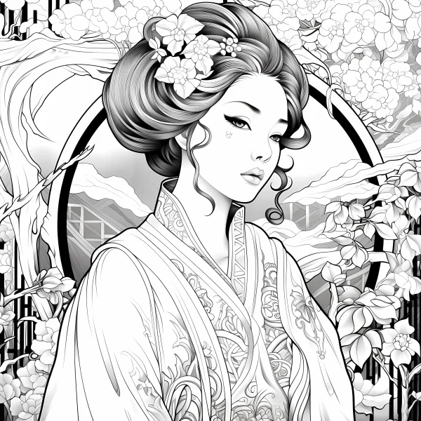 Japanese kimono woman with floral hair accessories, japanese style — free printable japanese coloring book page