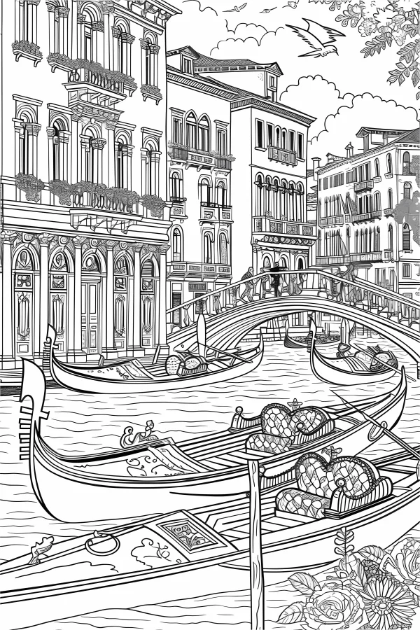 Venice water city with gondolas, arched bridge and european-style buildings — free printable european and american coloring book page