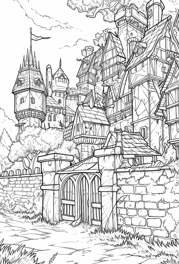 Fairy tale medieval castle complex, fantasy art style — free printable medieval coloring book page