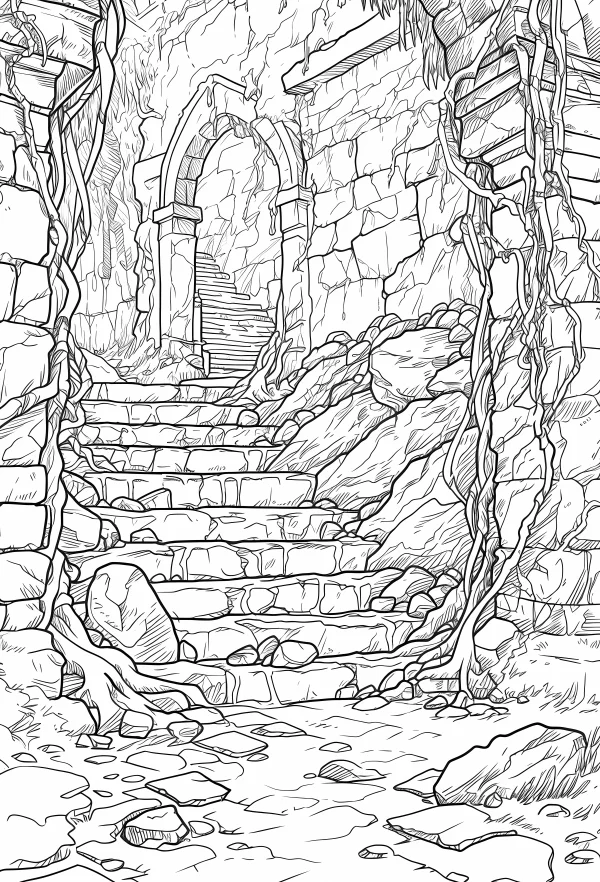 Overgrown ruin stone steps with archway, fantasy sketch style — free printable adventure coloring book page