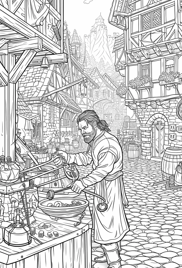 Medieval market artisan man working at wooden stall, european retro style — free printable medieval coloring book page