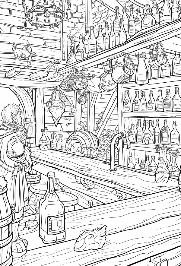 Medieval tavern with elf character, fantasy style — free printable medieval coloring book page