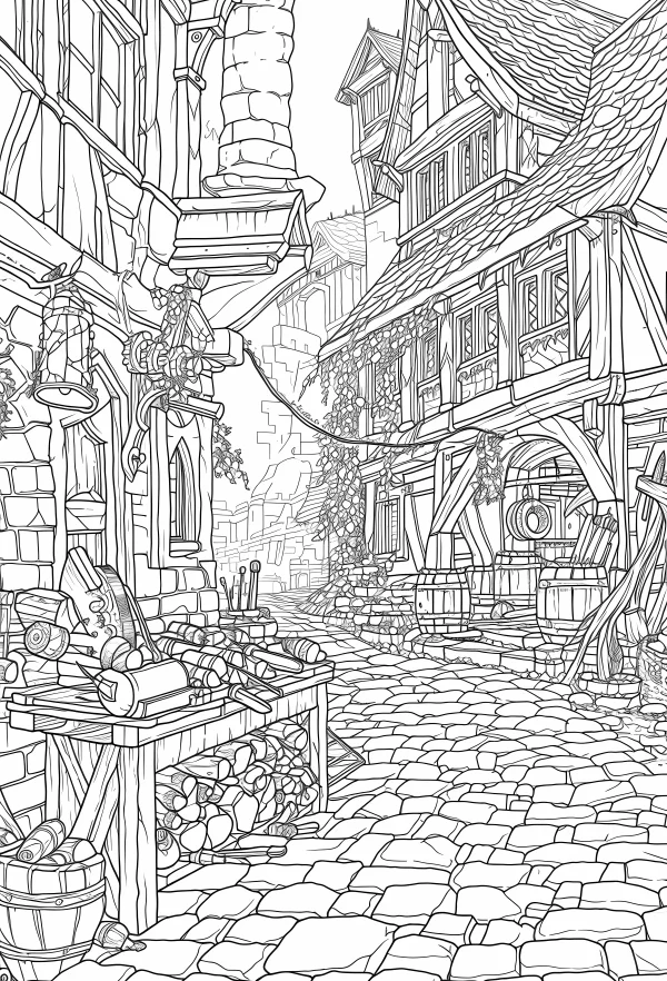 Medieval town street with wooden workbench and carpentry tools, vintage medieval style — free printable medieval scene coloring book page