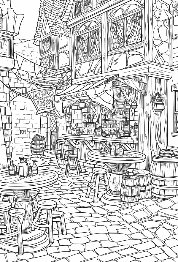 Medieval european tavern outdoor scene, vintage medieval style — free printable leisure coloring book page