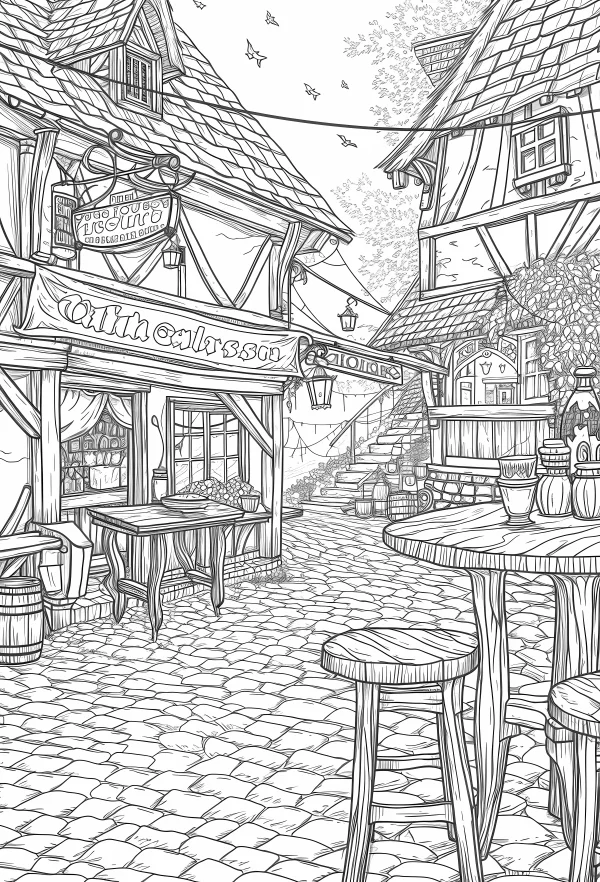 Medieval european town street scene, vintage fairy tale style — free printable european and american coloring book page