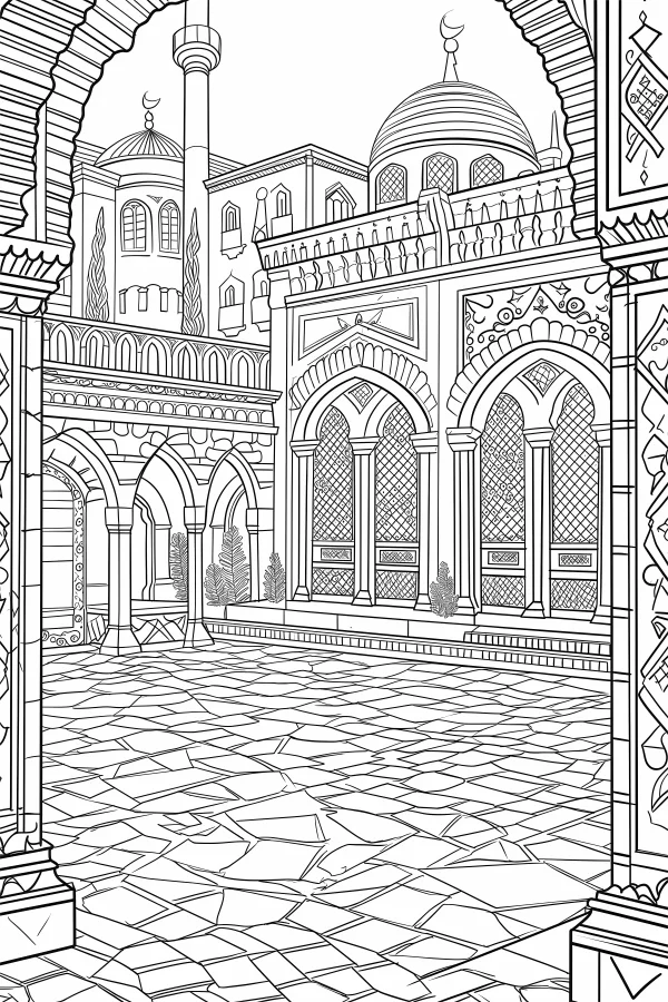 Middle eastern style ancient building courtyard, middle eastern art style — free printable middle east coloring book page